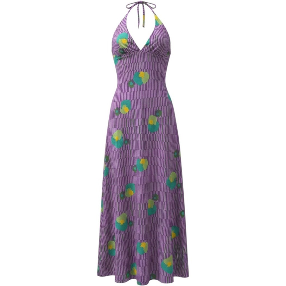 Vintage Purple Geometric Floral Halter Maxi‎ Dress Open Back Retro 70s Style XS
